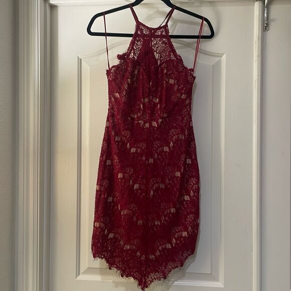 A. Peach red lace overlay high neck mini dress | size L - Picture 2 of 10